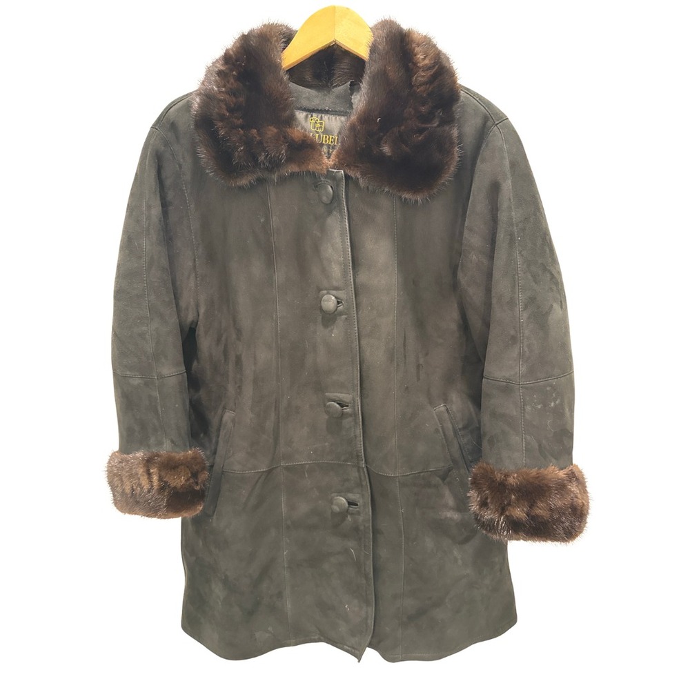 Malubel Sydney Vintage Black Suede Coat Womens Medium Brown Fur Trim Shearling